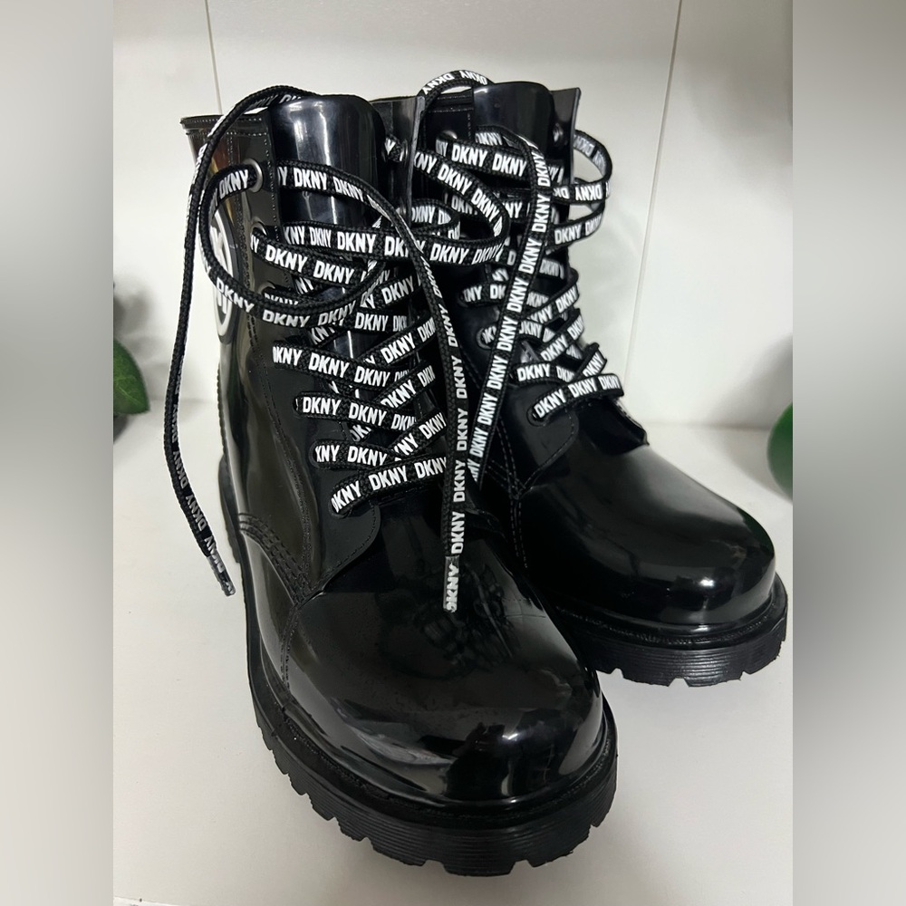 DKNY Glossy Black Boots with Logo Laces
